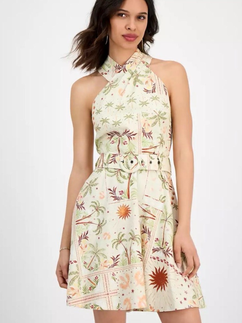 RACHEL Rachel Roy Halter A Line Tropical Print Belted Dress